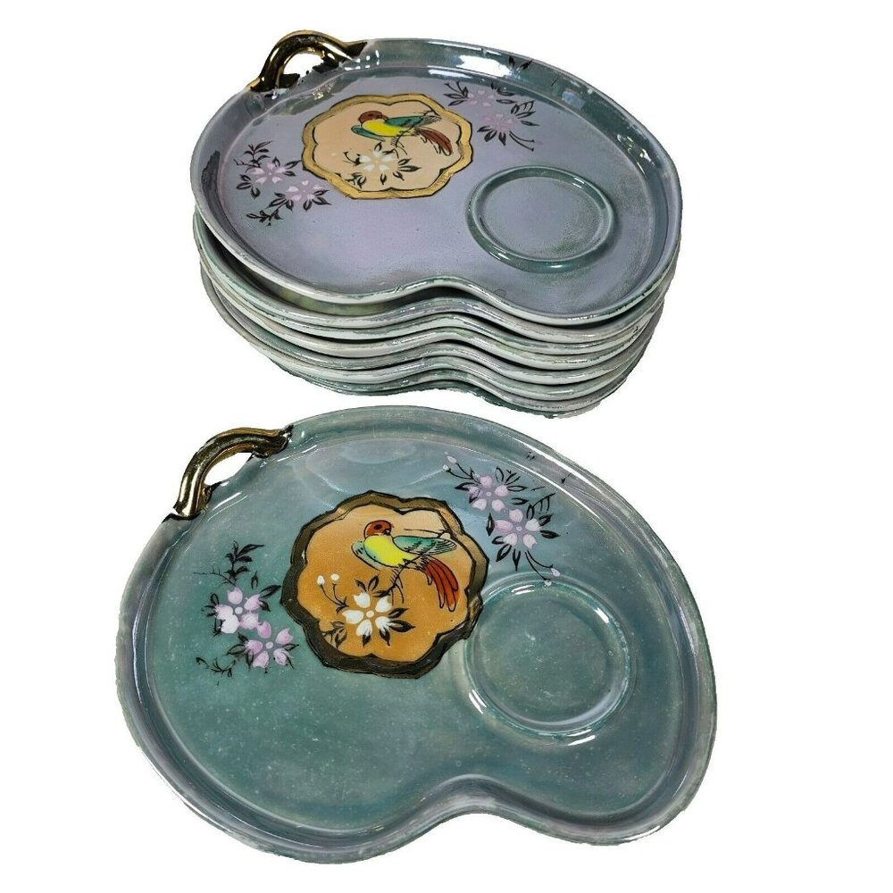 Set of 9 Sushi Plates 7" Serving Tray w/ Sauce Ring - Bird Floral Made in Japan